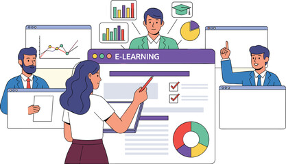 Woman interacts with e-learning platform with instructors. Virtual education, online learning, remote training, digital skills, web seminars.