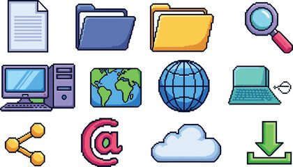 Pixel art depicts various computer and internet icons. Technology, digital, retro, information, communication, internet, online.