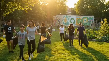 Community members participate in a cleanup event in a vibrant urban garden during sunset