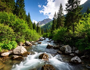 A majestic waterfall cascades through a vibrant green forest, its clear water flowing over ancient rocks into a serene river