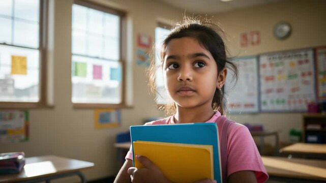 Young South Asian girl with a pensive expression holding books in a classroom. Concept of childhood anxiety, learning difficulties, or being an outsider.