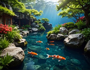 A tranquil Japanese garden in summer, with a vibrant green landscape, pond, and lush trees reflecting the clear sky