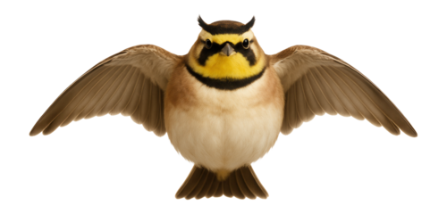 Horned lark specimen displaying a pale brown back, yellow throat, and black facial markings