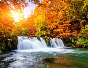 Autumn forest waterfall, a beautiful scenic landscape with water flowing over rocks in nature's vibrant