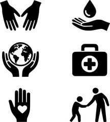 Obraz premium Humanitarian Aid & Care Icons | Hands, Water, Health & Global Support Silhouettes | Charity Vector