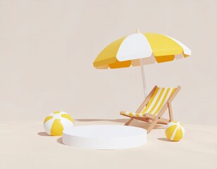 Enjoy a tropical summer vacation with breakfast on the beach, featuring an umbrella and chair by the ocean water and sand