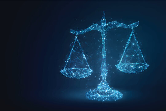 Vector illustration of digital scales and law poly concept on a dark blue background