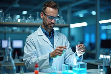 A white man wearing a lab coat is examining a glowing test tube in a modern laboratory. The background shows high-tech equipment and computer screens