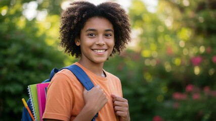 Happy African American school boy with backpack smiling outdoors. Portrait of a cheerful elementary or middle school student ready for class. - Powered by Adobe