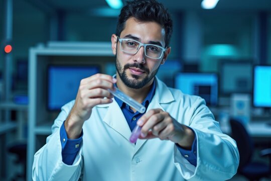 A white man wearing a lab coat is examining a glowing test tube in a modern laboratory. The background shows high-tech equipment and computer screens - Powered by Adobe