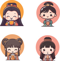 Cartoon illustration of an Asian girl in ancient costume drinking a beverage
