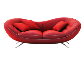 Modern red fabric sofa with pillows isolated on transparent background