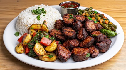 A delicious and hearty Nepali Thakali Thali meal featu flavorful daal bhaat, tarkari, and succulent meat pieces served on a white plate with rice and assorted vegetables.