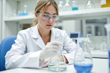 A white woman mixing chemicals in a flask inside a clean laboratory. The background shows shelves with lab glassware and a digital display