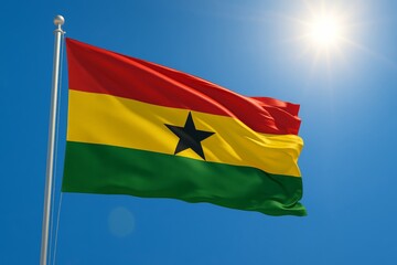 Ghana silk flag waving against clear blue sky during a bright day. Ghanaian flag - the national symbol of Ghana, Ghanaian flag at sunrise