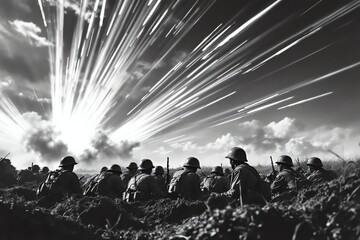 Fototapeta premium Soldiers in trench under heavy fire during intense battle scene warfare