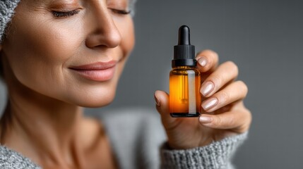 Fototapeta premium mock up woman holding a small amber glass bottle