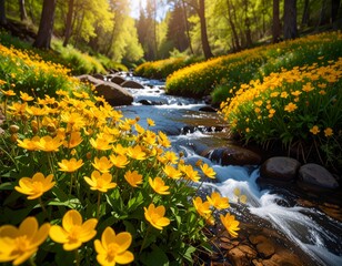 Tranquil river flowing through an autumn forest, reflecting the scenic sky and surrounding trees