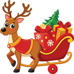 Cute Cartoon Reindeer Pulling Christmas Sleigh Loaded With Festive Holiday Gifts