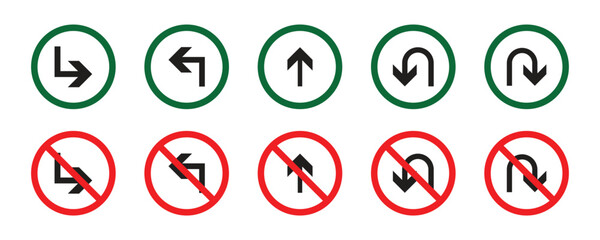 Collection of way sign outline road traffic prohibitions. Traffic Signs Pack Set. left arrow and right go straight arrow painted. direction mark, crossroad.  