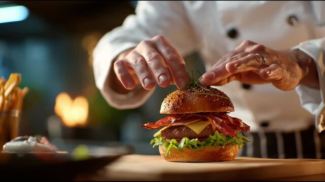 Close look at the chef&rsquo;s steady hand final touch hamburger in slow motion video.
