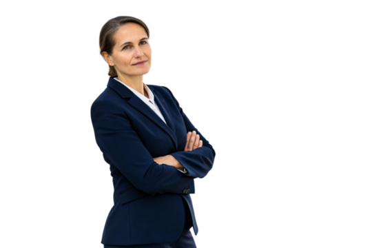 A professional businesswoman in a dark blue suit stands confidently with arms crossed gazing off to the side isolated on transparent