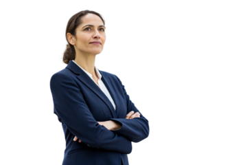 A confident businesswoman in a navy suit stands with her arms crossed looking thoughtfully towards the future isolated on transparent