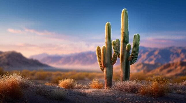 Tall catus in a vast desert landscape at stunning sunset