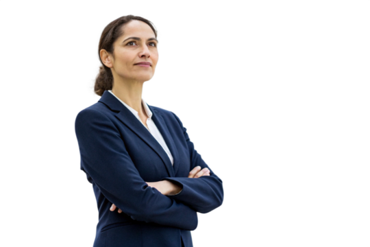 A confident businesswoman in a navy suit stands with her arms crossed looking thoughtfully towards the future isolated on transparent