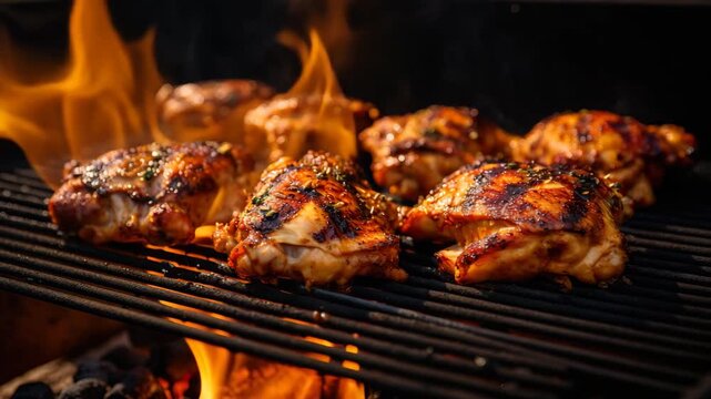 Close up of chicken thighs grilling over an open flame on a barbecue with visible grill marks