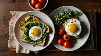 Healthy Avocado Toast with Egg and Cherry Tomatoes on Wooden Table