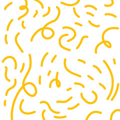 Yellow Abstract Line Seamless Pattern Vector. Abstract noodle pattern. Graphic spaghetti background with yellow ramen noodles. Isolated vector illustrations on white background. Italian pasta abstract