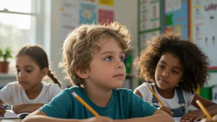 Cute little boy with blond hair listening to the teacher in a classroom. Diverse group of elementary school students learning together. Education and childhood development. - Powered by Adobe
