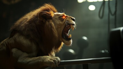 male lion with ripped physique performing bench press, roaring, glowing veins, gym beast mode concept art