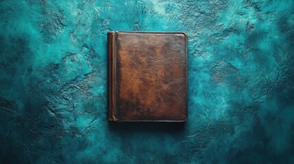 Vintage leather journal on teal surface