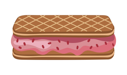 Vector illustration of chocolate wafer ice cream sandwich with bright pink strawberry filling. Glossy, realistic style. Isolated on transparent background. Perfect for food design and packaging