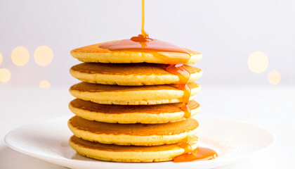 Golden pancakes stacked high, topped with melting butter and maple syrup, ideal for breakfast inspiration.
