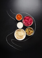 Fermented foods like sauerkraut, pickled vegetables, kimchi, and yogurt are arranged within a chalk outline of a stomach, symbolizing their beneficial role in maintaining a healthy gut microbiome
