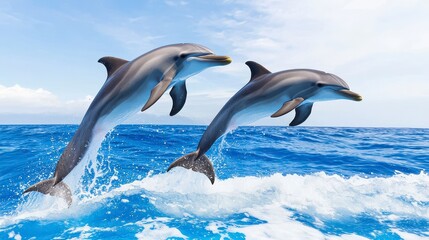 Obraz premium Two playful dolphins leap gracefully over vibrant ocean waves in Hawaii, showcasing their acrobatic skills and the beauty of the Pacific's marine wildlife du a sunny day.