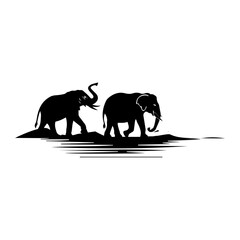 Elephant silhouette with the trunk up isolated on white background.