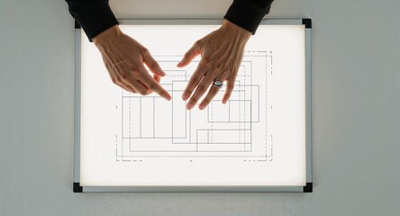 Hands pointing at architectural plans on a light table for design and review process overview