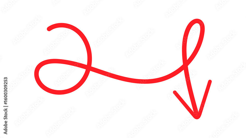 Poster hand drawn red arrow with loops pointing down on transparent background graphic design
