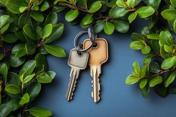 Two metallic house keys on ring placed among green leaves, contrast of natural and metallic elements, homeownership symbolism