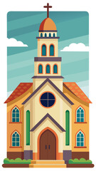 Fototapeta premium Vector art of a simplified graphic illustration of an oldfashioned church featuring a prominent bell tower a cross and arched windows situated in a pleasant natural