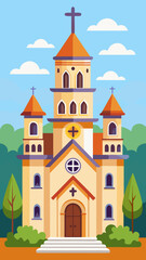 Fototapeta premium Vector art of an artistic flat illustration depicts a christian church with a prominent steeple multiple towers and symmetrical windows surrounded by lush green