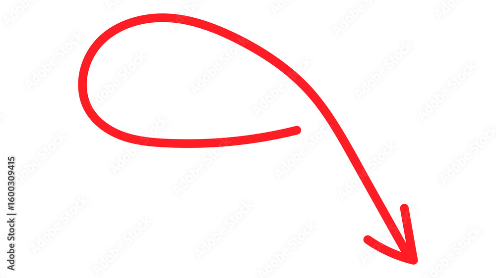 Poster red arrow with loop and downward point on transparent field for guiding direction