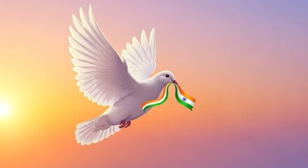 White Dove Flying with Indian Flag at Colorful Sunset Illustration