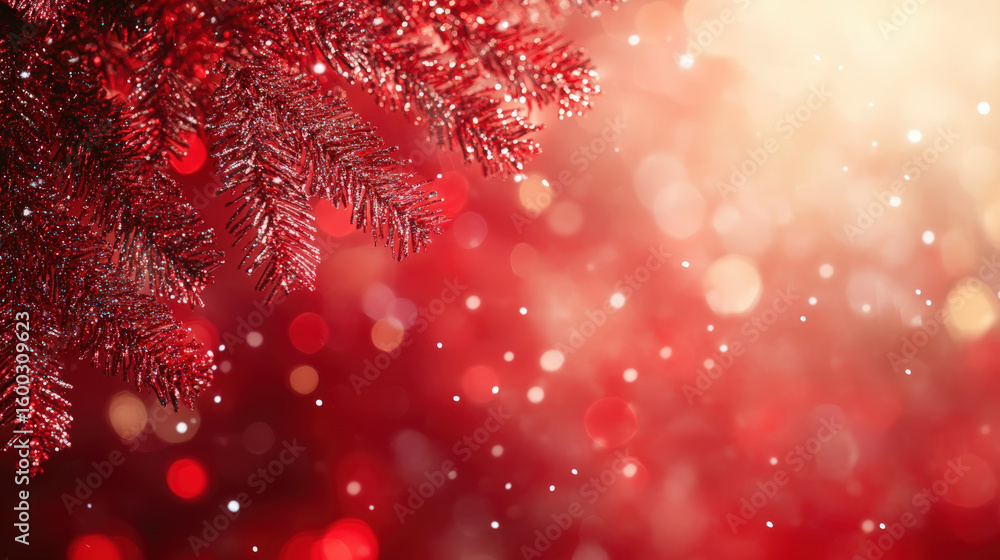 Poster sparkling red christmas background with bokeh lights and festive pine branches.
