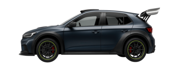 Compact rally car with wide fender flares and rear spoiler