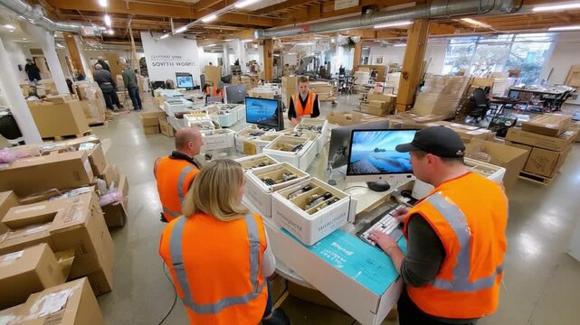 Warehouse Operations: The bustling environment of a modern warehouse, filled with workers in safety vests managing inventory, surrounded by organized packages and workstations.